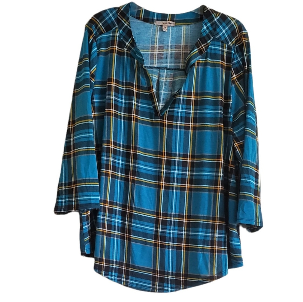 Blue Plaid Teal Stripe Yellow V Neck Pullover Half Sleeve Top 2X